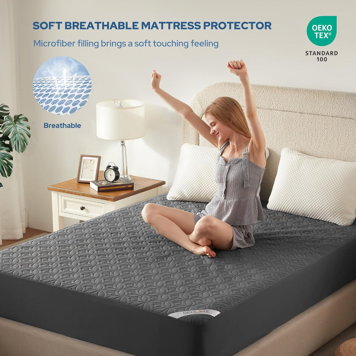 BEDLORE Waterproof Mattress Protector - Noiseless Queen Size Pad with Deep Pocket (6"-18") - Soft & Breathable Gray Cover