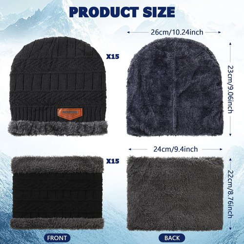 Cutecrop 30 Pcs Winter Beanie Hats and Scarf Set Neck Warmers Fleece Knitted Beanie Caps Thick Unisex for Donation Homeless (Black)