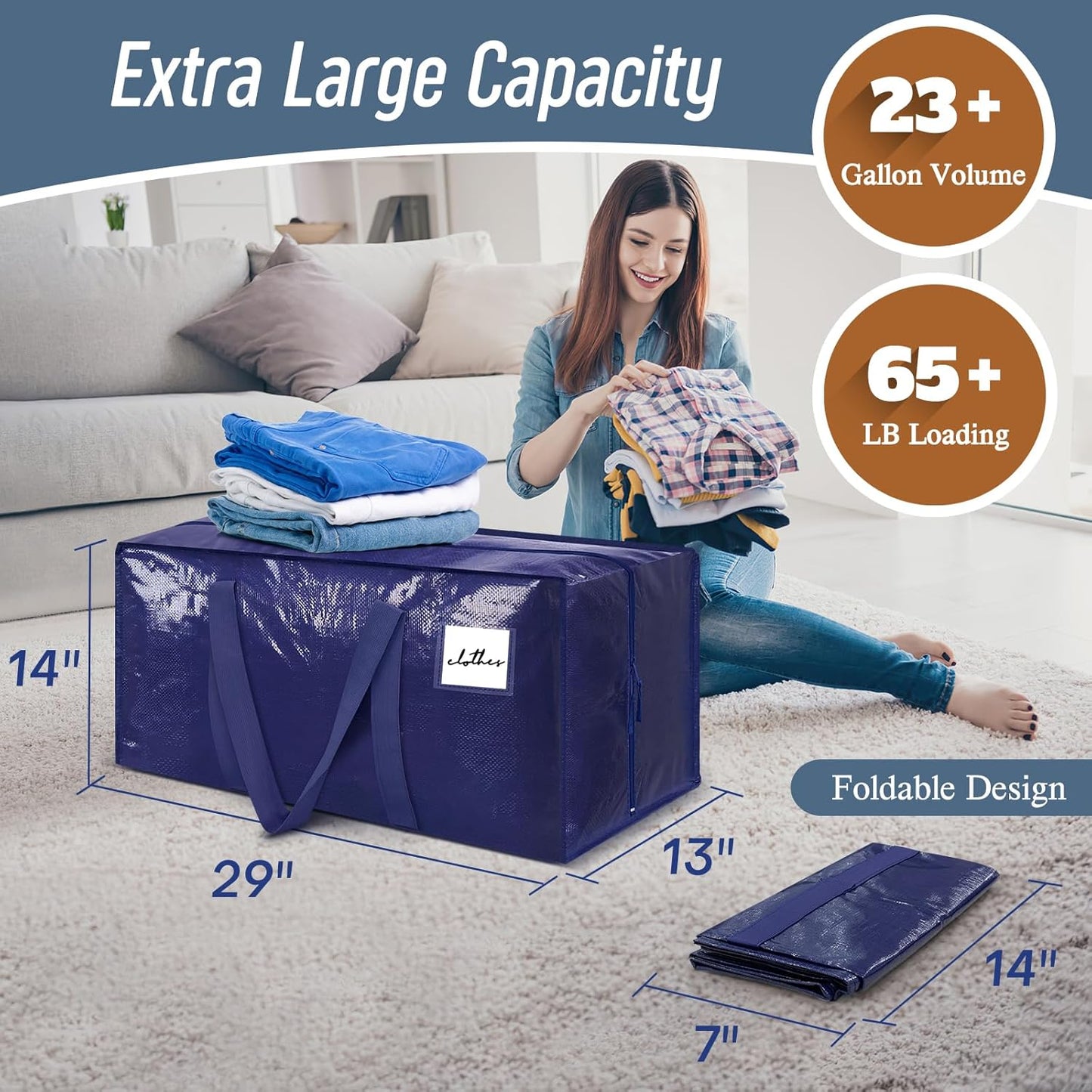 Skiennix Extra Heavy Duty Moving Bags - 12 Pack with Strong Zipper & Comfortable Handles | Dark Blue Storage Totes