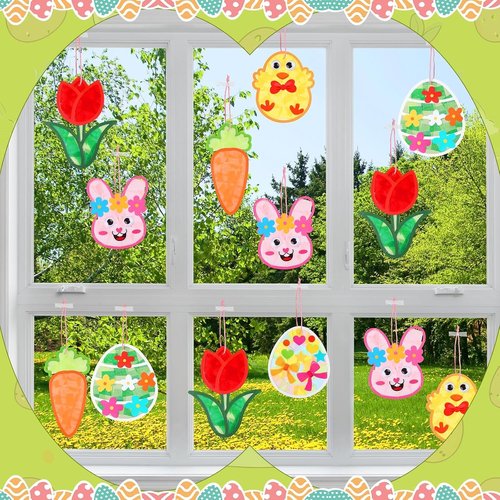 Feifeiya 24 Pack Easter Suncatcher Craft Kit - DIY Window Art for Bunny, Carrot & Egg Decorations