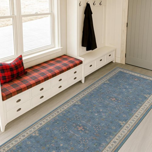 Blue Boho Runner Rug - Washable Non-Slip 2'6''x8' Floral Hallway Rug for Modern Home Décor