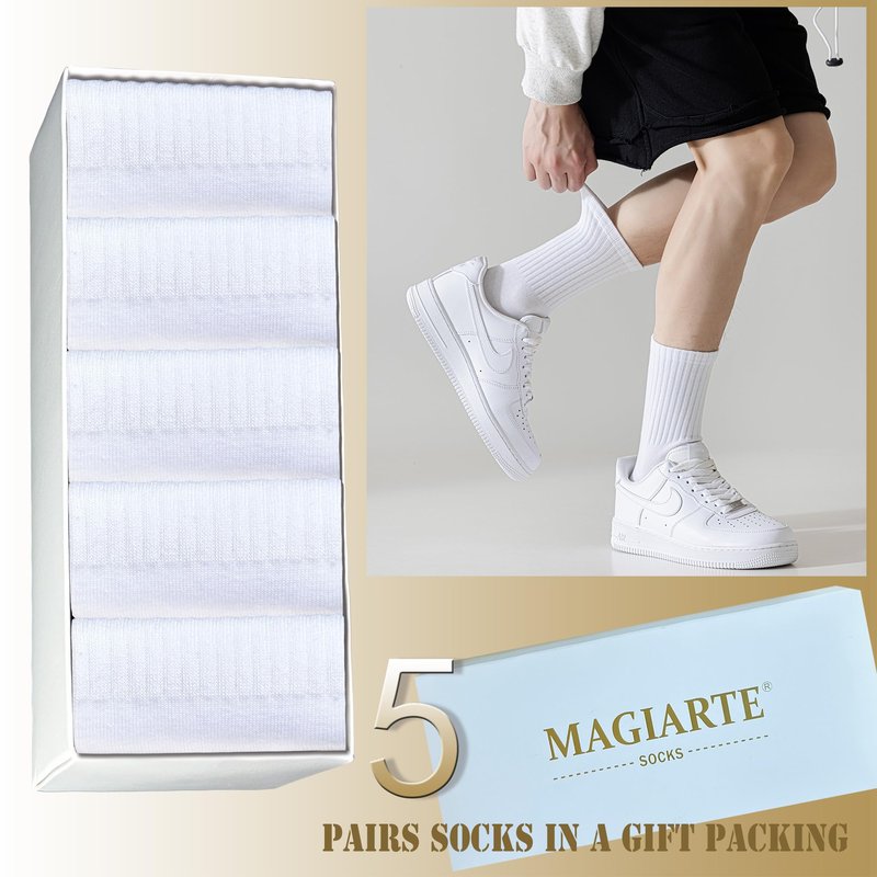 MAGIARTE Mens Athletic Cotton Crew Socks Moisture Wicking Running Cycling Multi Sports Socks for Men 5 PACK (Color #01L White)