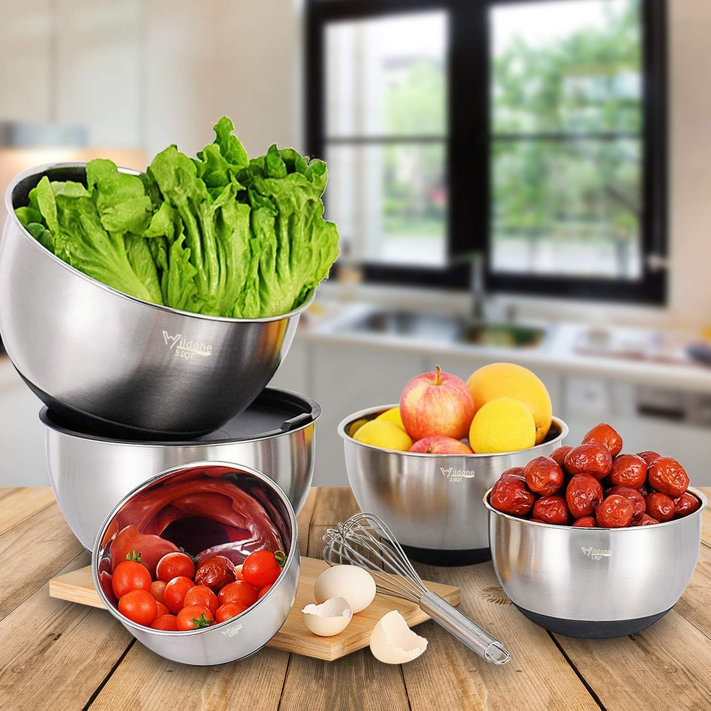 Wildone Mixing Bowls Set - 5PCS Stainless Steel Nesting Bowls with Airtight Lids & Grater Attachments | Non-Slip Bottoms, 0.63 to 5 QT