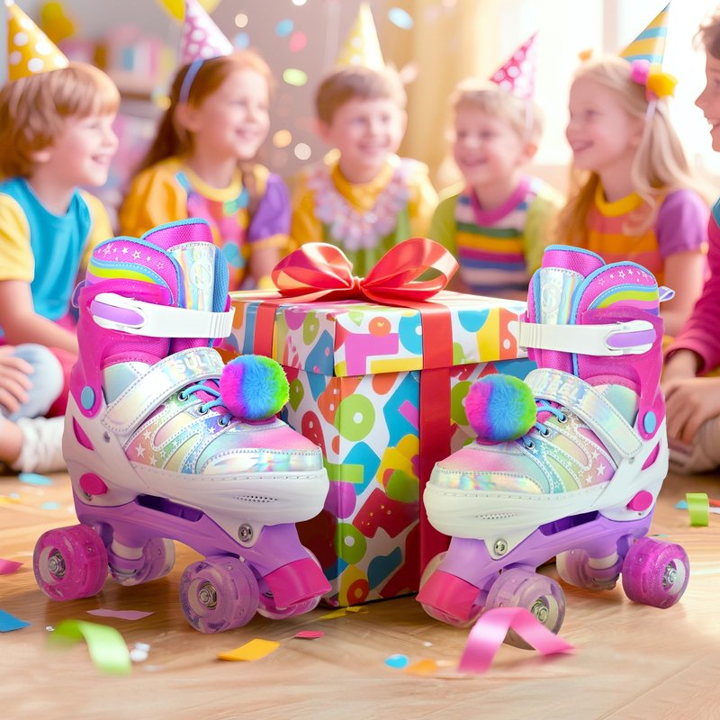 SULIFEEL Rainbow Tie-Dye Adjustable Roller Skates for Girls Kids Ages 3-5 5-8 6-12 Pink Purple Light Up Skate with Fluffy Pom Poms Triple Protection for Indoor Outdoor Skating