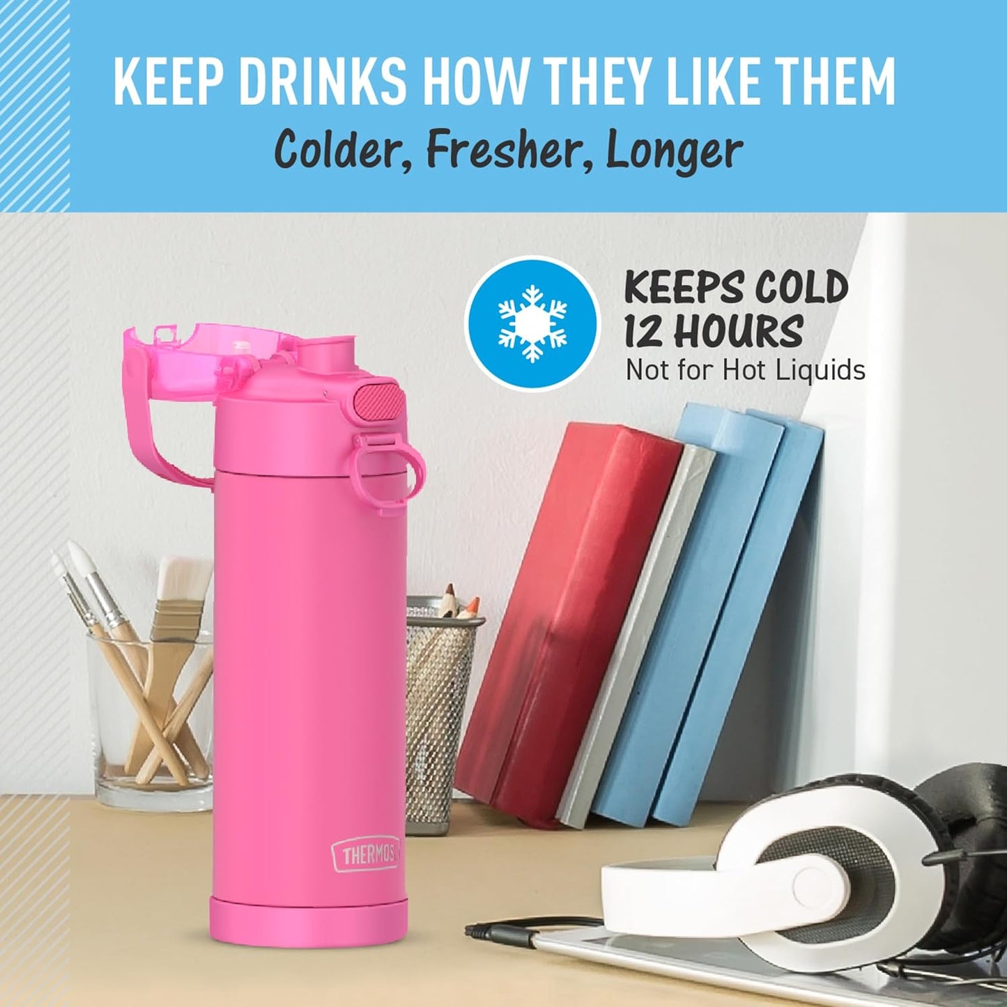 THERMOS FUNTAINER 16 Ounce Vacuum Insulated Stainless Steel Bottle - Neon Pink, Wide Spout Lid