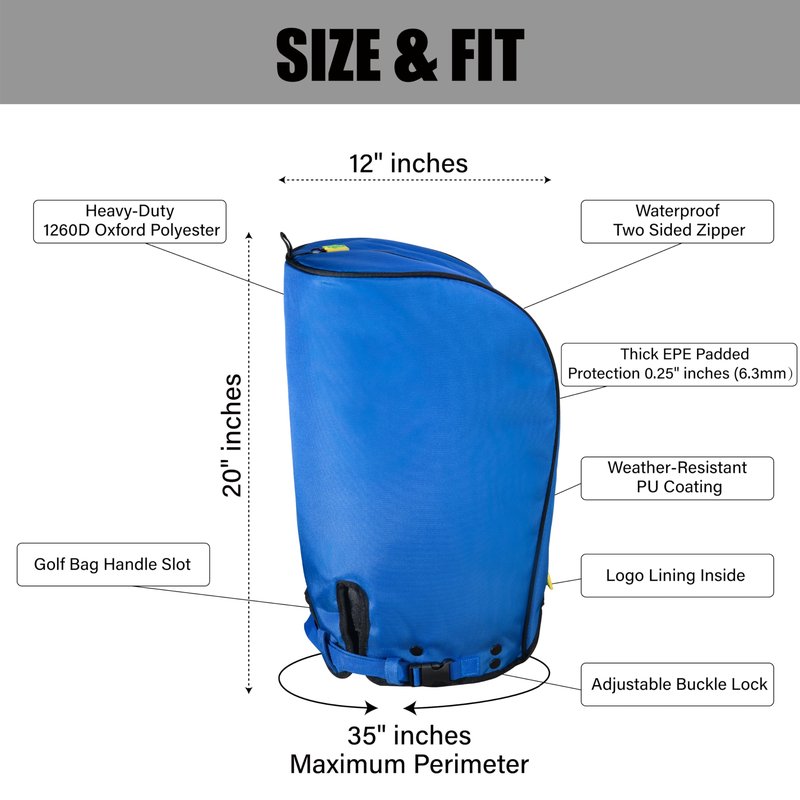 SANDIAN, Blue Color, Golf Bag Rain Hood Cover, Waterproof 1260D Oxford Polyester, 12x20 Inches, Padded Protection, PU Coated, Two Sided Zipper, Adjustable Buckle Lock Fasteners, Snap Button Locking