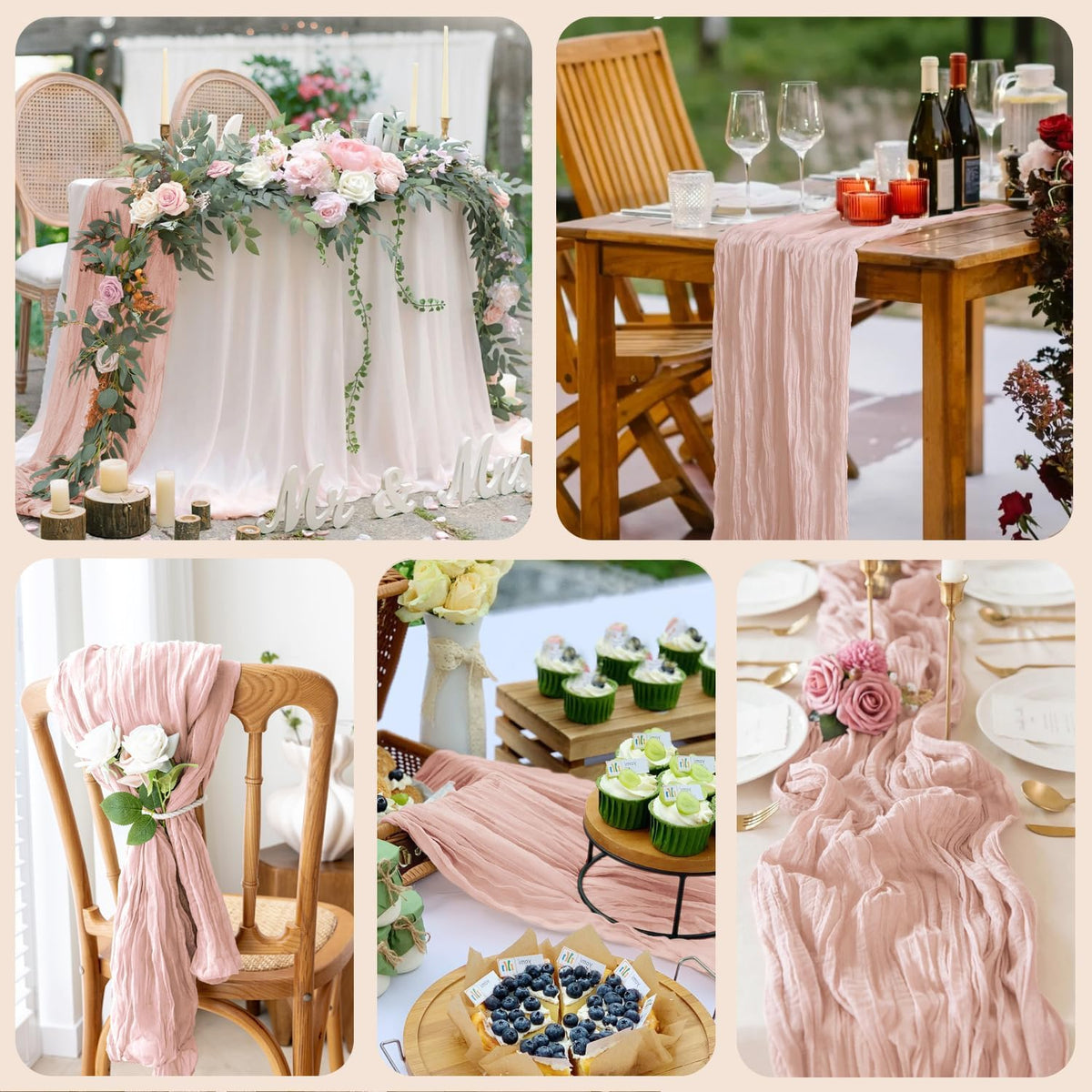 Wokceer Dusty Pink Cheesecloth Table Runner - 10FT Boho Style for Easter & Bridal Showers | Rustic 120-Inch Decor