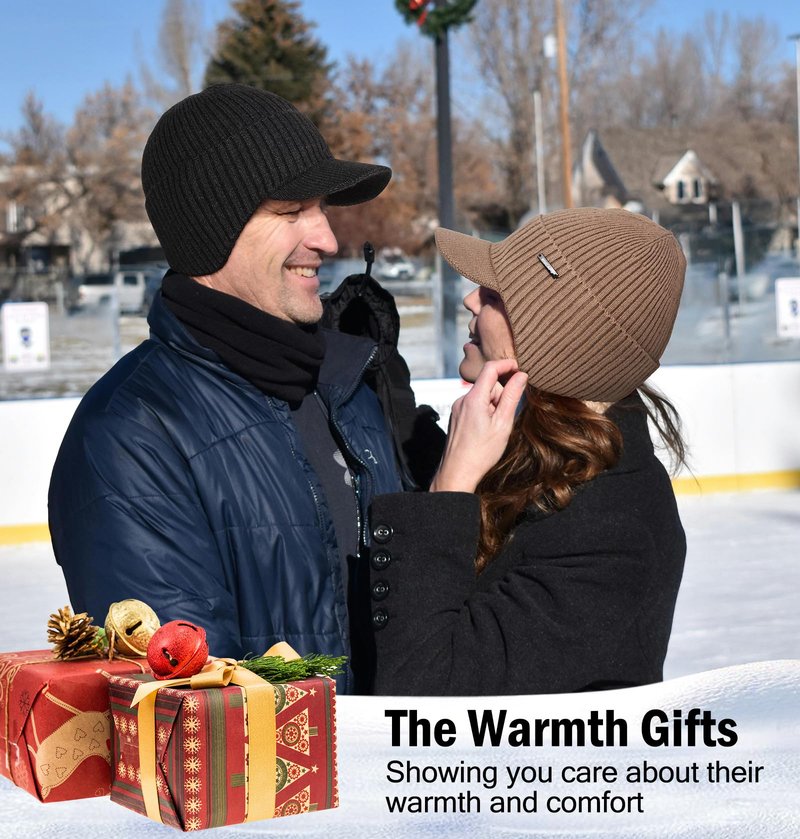 Wmcaps Winter Beanie with Brim and Ear Flaps, Outdoor Warm Fleece Lined Knit Hat Stocking Caps for Men Women Charcoal Gray