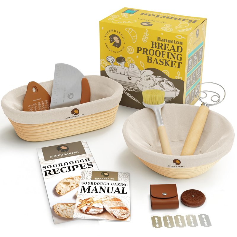 Superbaking Sourdough Proofing Basket Gift Set, Round 9" & Oval 10" Banneton, Sourdough Starter Kit, Sourdough Banneton Basket, Banneton Bread Proofing Basket Set of 2, Sourdough Bread Baking Supplies
