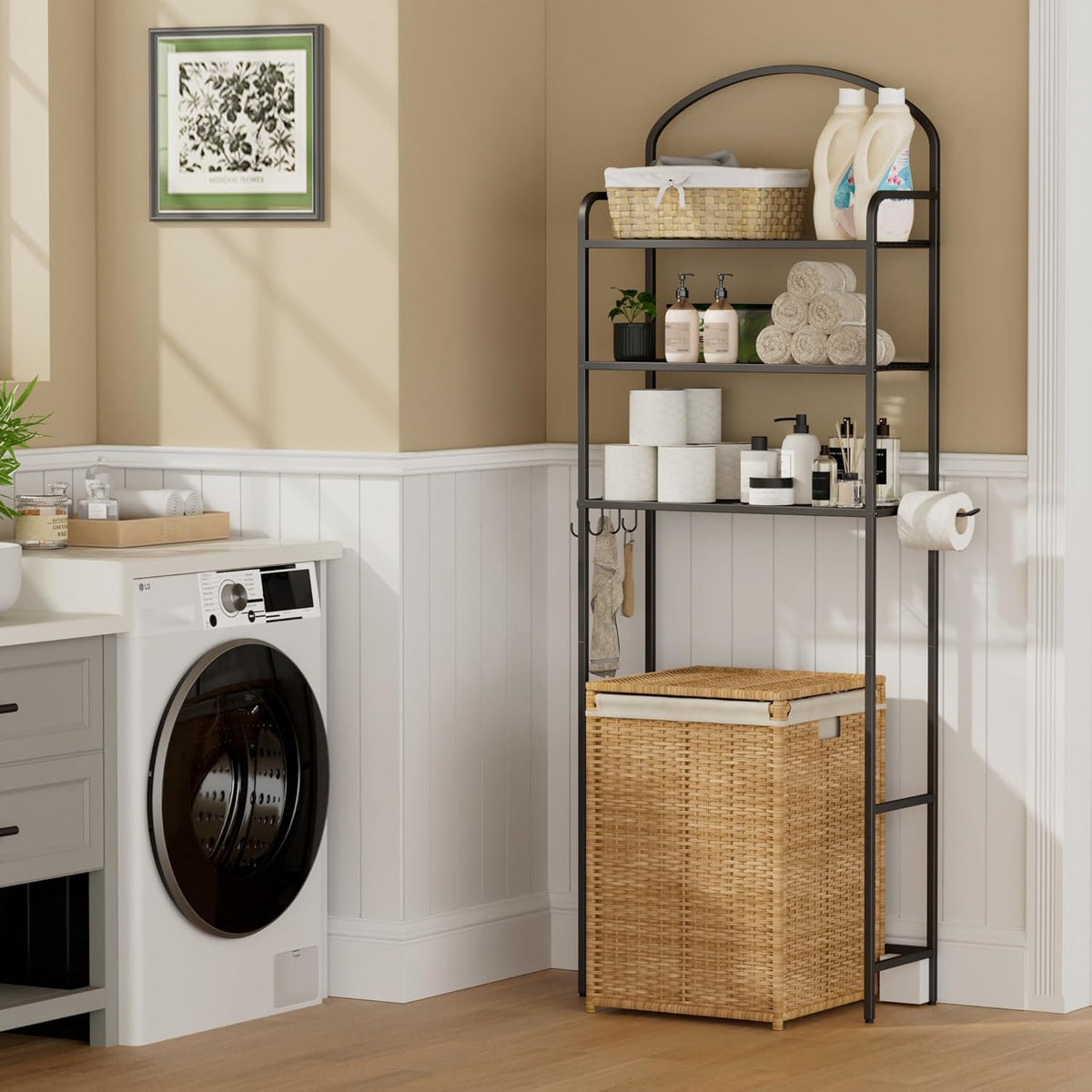 Skiennix Over The Toilet Storage Rack - 3-Tier Bathroom Organizer with Hooks & Paper Holder - Black Metal Shelf