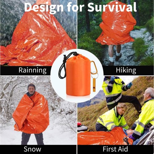 Dzronda Emergency Sleeping Bag with Whistle, Portable Emergency Survival Bag, Lightweight Pocket Size Emergency Sleeping Bag, Waterproof Thermal Bivy Sack for Camping, Hiking (6 Pack + Whistle)