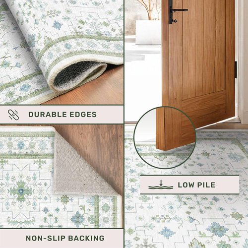 Hazo Haus Washable Oushak Bathroom Runner Rug - Vintage Turkish Floral Design | 2x8 ft Low Pile Non-Slip in Cream, Blue, and Green