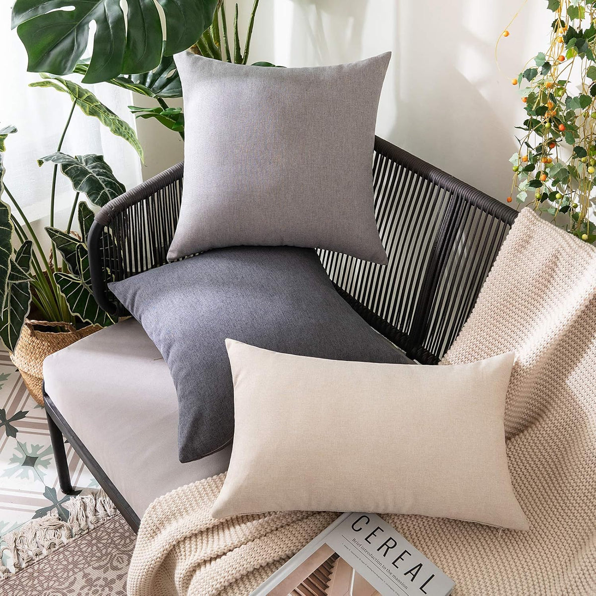 MIULEE Decorative Outdoor Throw Pillow Covers - Waterproof Faux Linen Euro Sham | 24x24 Inch Dark Grey (Pack of 2)