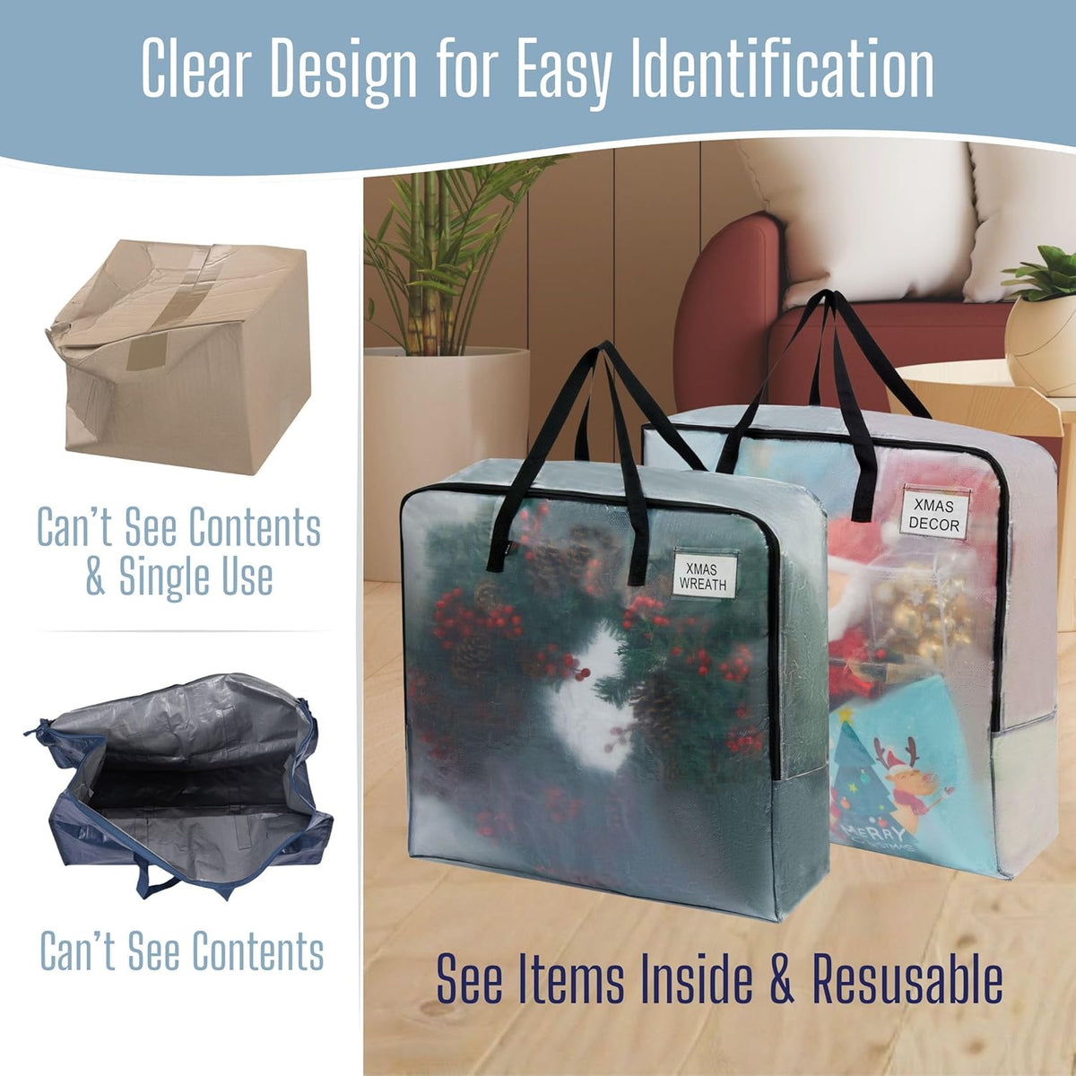 VENO Clear Moving Bags - 5 Pack Heavy Duty Storage Totes for 30" Wreaths, Clothes & Bedding