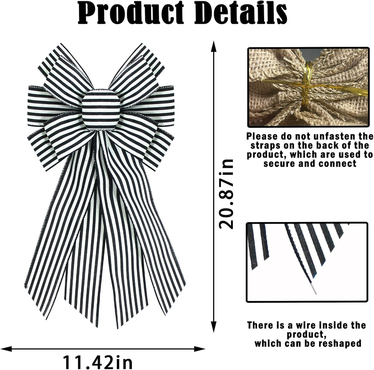 Skiennix Burlap Wreath Bow - Black & White Stripes | 20 x 11 Inches for Home & Front Door Decor