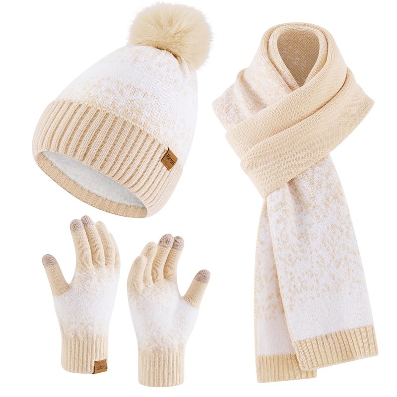 Miorpex Womens Winter Beanie Hat Touchscreen Gloves Long Scarf 3 Set with Warm Fleece Lined Knit Skull Caps Scarves for Women Apricot White