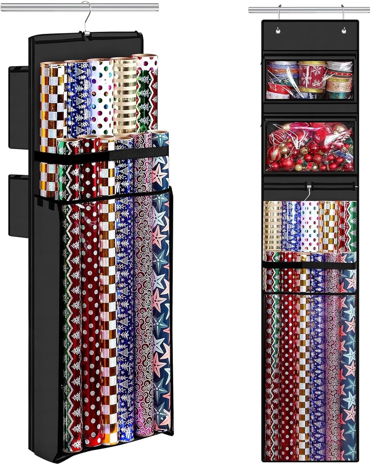 Woodoulogy Wrapping Paper Organizer - Double-Sided Gift Wrap Roll Holder | 63"x13" Over Door Storage - Black