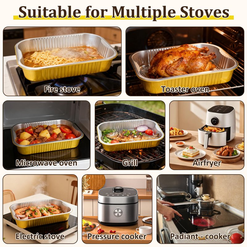 Axigundaone 10 Pcs Aluminum Pans with Lids 9 x 13In, Gold Disposable Aluminum Foil Baking Pan, Heavy Duty Foil Food Containers for Baking, Heating