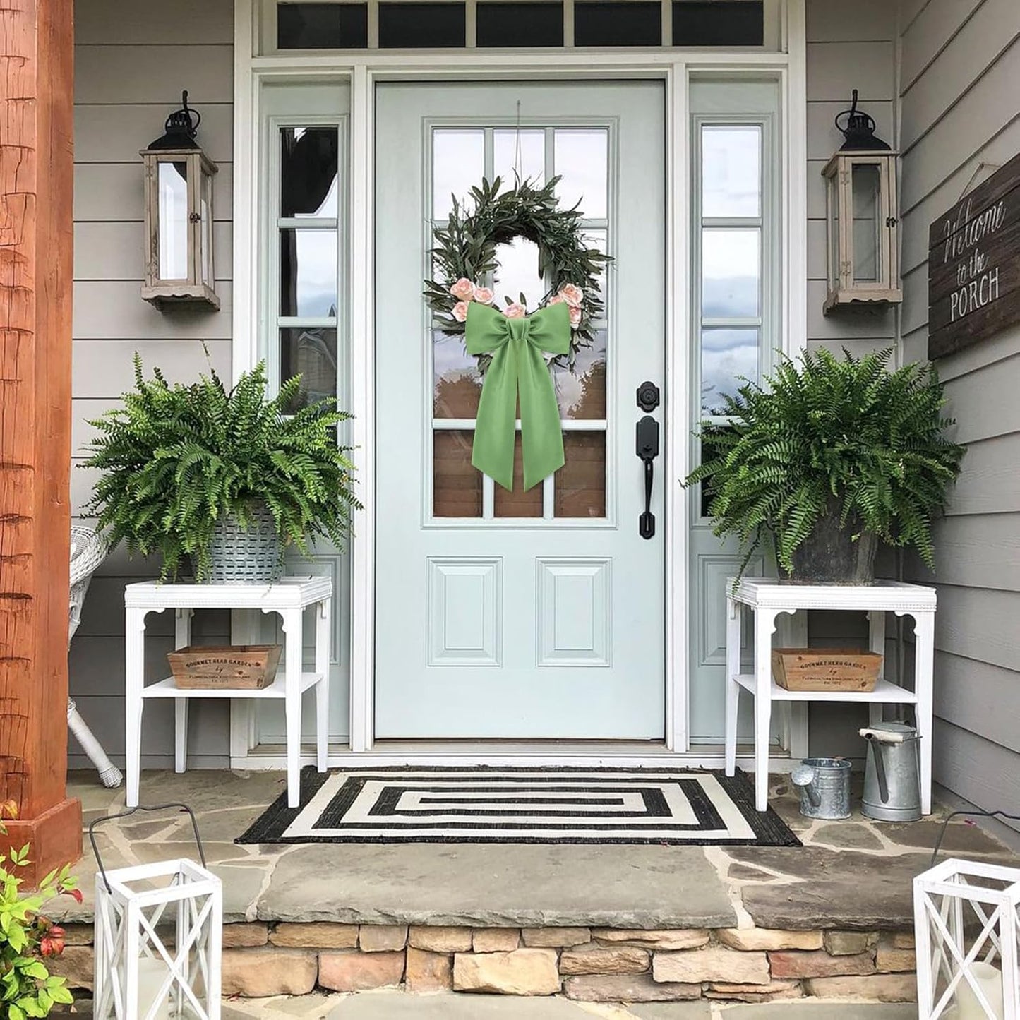 Skiennix Sage Green Wreath Sash - Elegant Linen Ribbon Bow for Front Door & Porch Decor | 2 Pcs