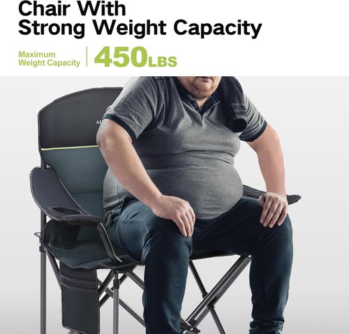 Green Party Folding Camping Chair - Oversized Heavy Duty Lawn Chair with Cooler Bag & Cup Holder | Collapsible Padded Arm Chair