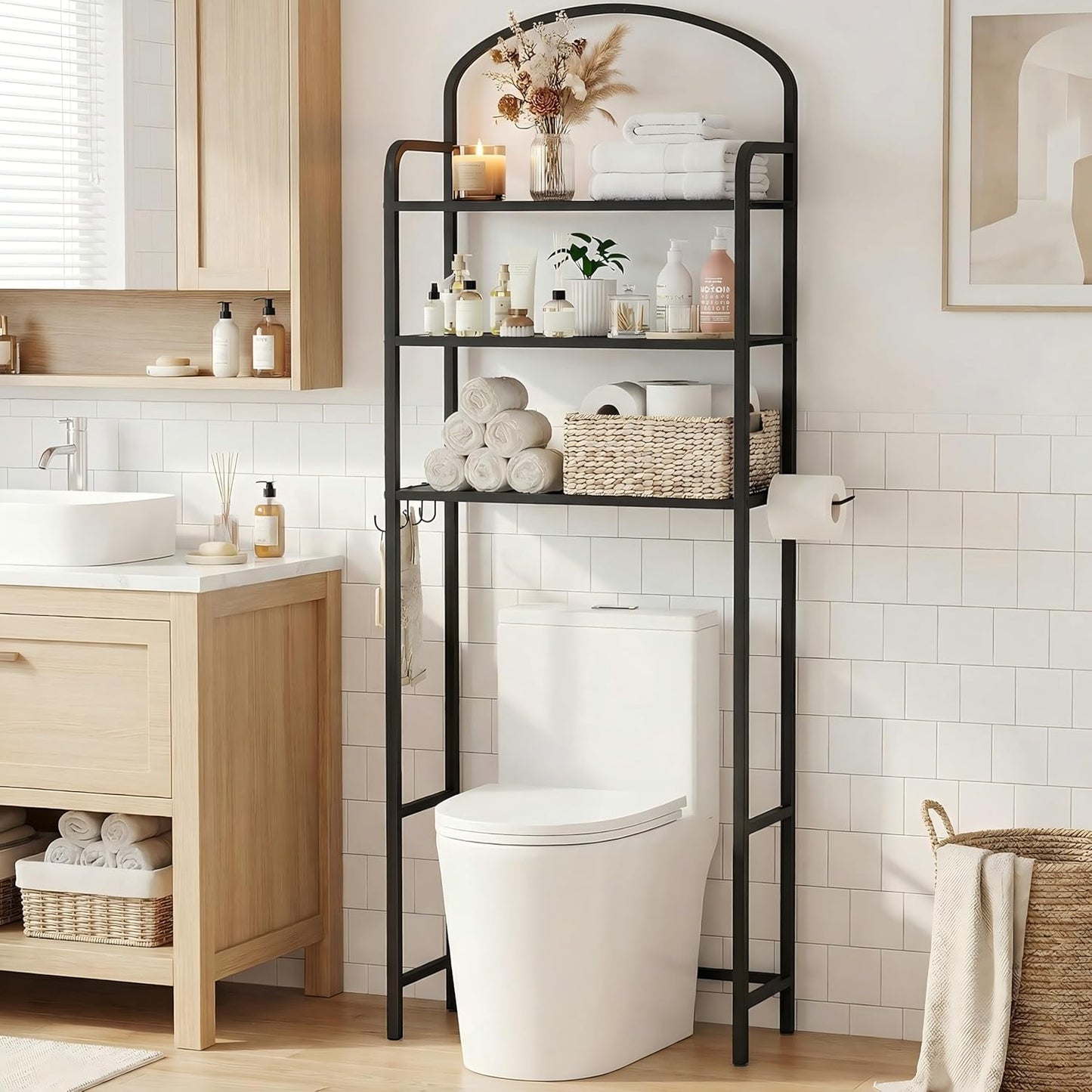 Skiennix Over The Toilet Storage Rack - 3-Tier Bathroom Organizer with Hooks & Paper Holder - Black Metal Shelf