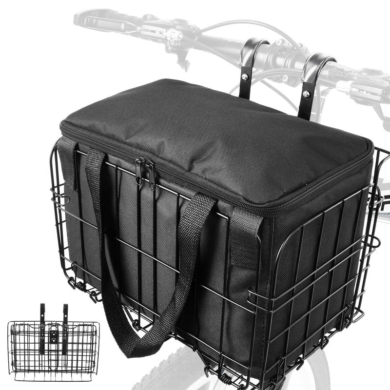 Zacro Metal Bike Basket Front Large Folding Ebike Bicycle Basket with Removable Liner Bag, Quick Release Design for Adult Women/Men Carrying Dogs, Pets, Fruit & Grocery