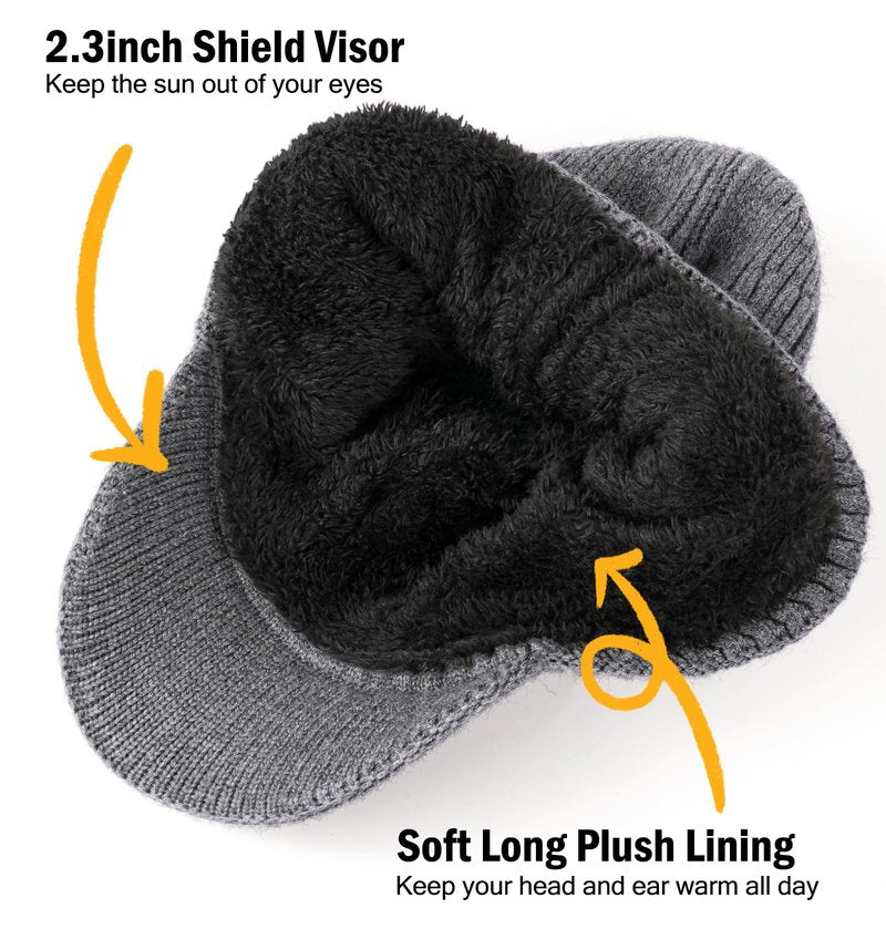 Wmcaps Winter Beanie with Brim and Ear Flaps, Outdoor Warm Fleece Lined Knit Hat Stocking Caps for Men Women Charcoal Gray