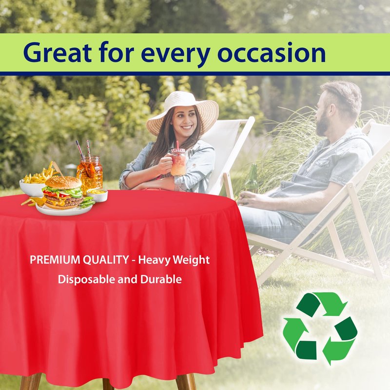 Party Dimensions Red Disposable Plastic Tablecloth for Round Tables (12 Pack) 84 inches Table Cloths for Parties, Events & Weddings, Indoors & Outdoors, Plastic Table Cover