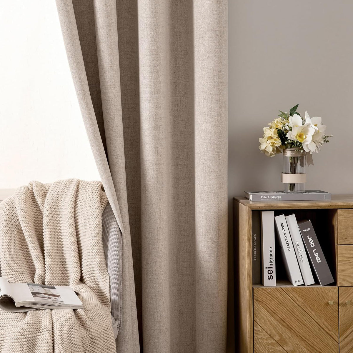 MIULEE 100% Blackout Linen Textured Curtains - Thermal Insulated Natural Beige Drapes | 52 x 80 Inch (2 Panels)