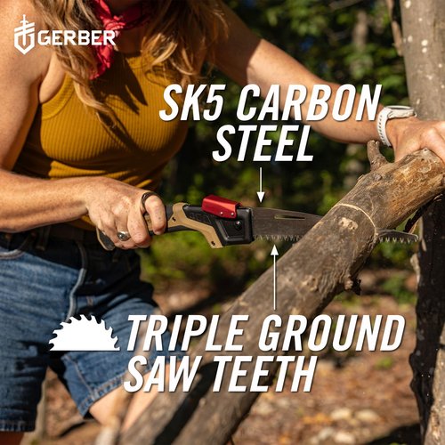 Gerber Gear Bushcraft Saw - Portable Camping Saw for Cutting Wood - Versatile Outdoor Tool w/Ergonomic Handle - 2-Position Blade - Chrome-Plated