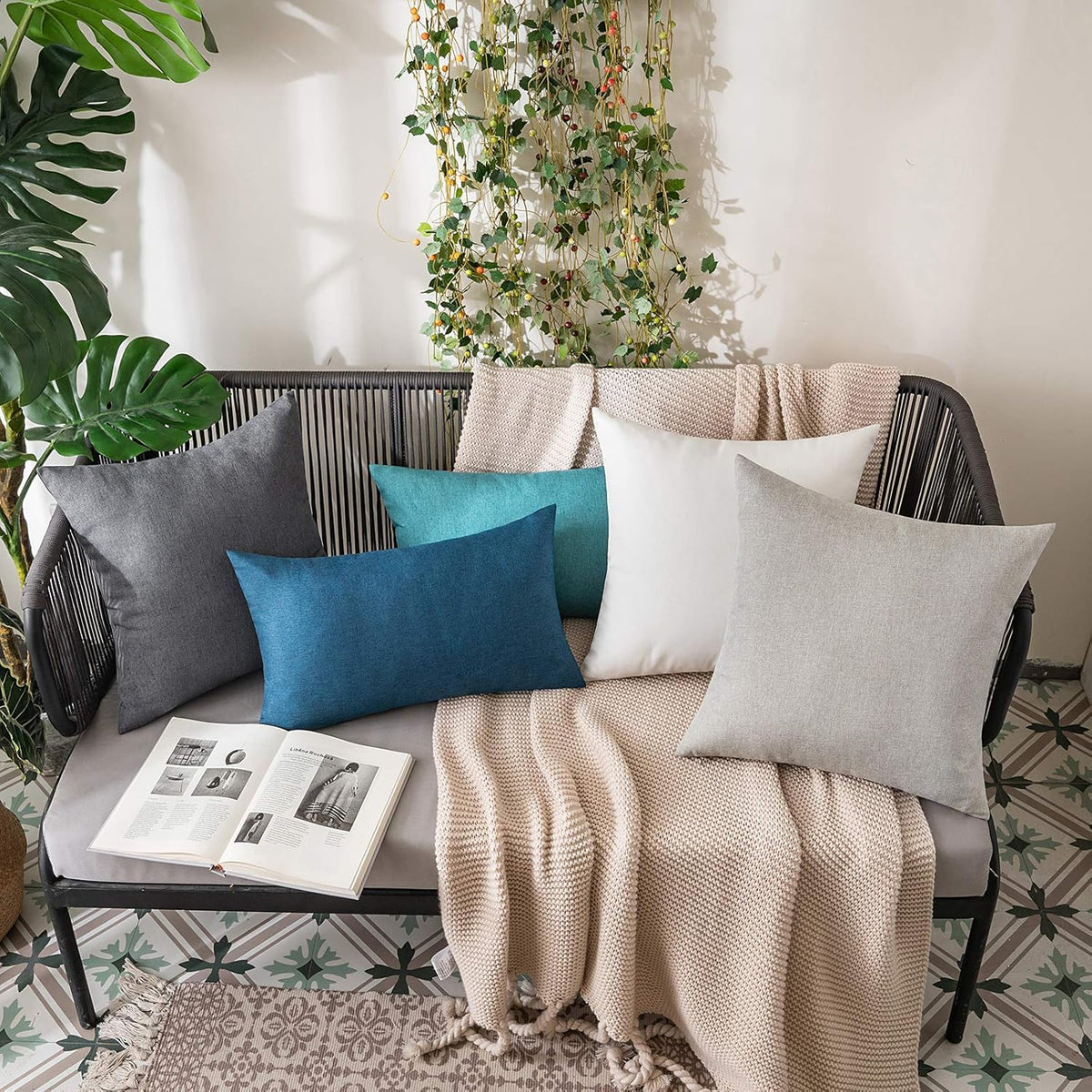 MIULEE Decorative Outdoor Throw Pillow Covers - Waterproof Faux Linen Euro Sham | 24x24 Inch Dark Grey (Pack of 2)