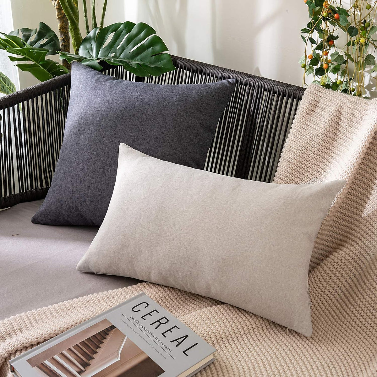 MIULEE Decorative Outdoor Throw Pillow Covers - Waterproof Faux Linen Euro Sham | 24x24 Inch Dark Grey (Pack of 2)