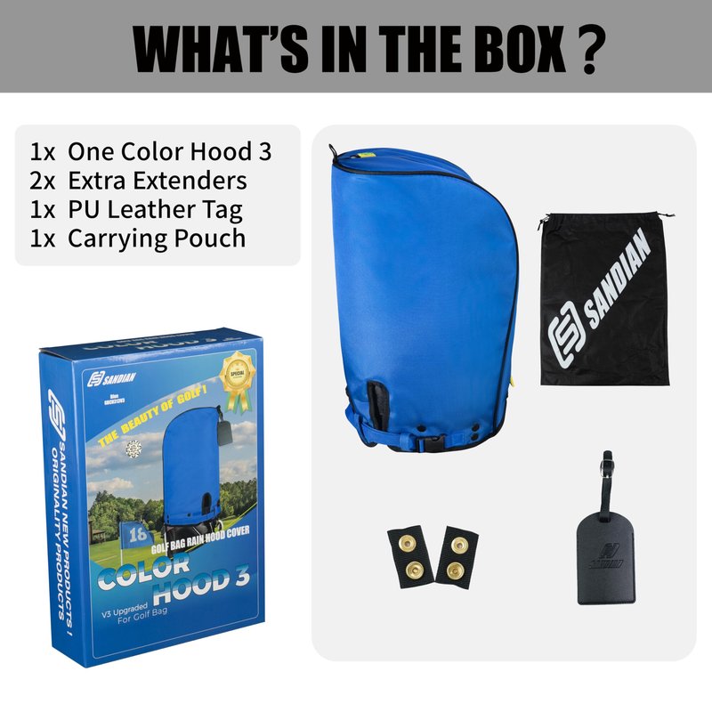 SANDIAN, Blue Color, Golf Bag Rain Hood Cover, Waterproof 1260D Oxford Polyester, 12x20 Inches, Padded Protection, PU Coated, Two Sided Zipper, Adjustable Buckle Lock Fasteners, Snap Button Locking