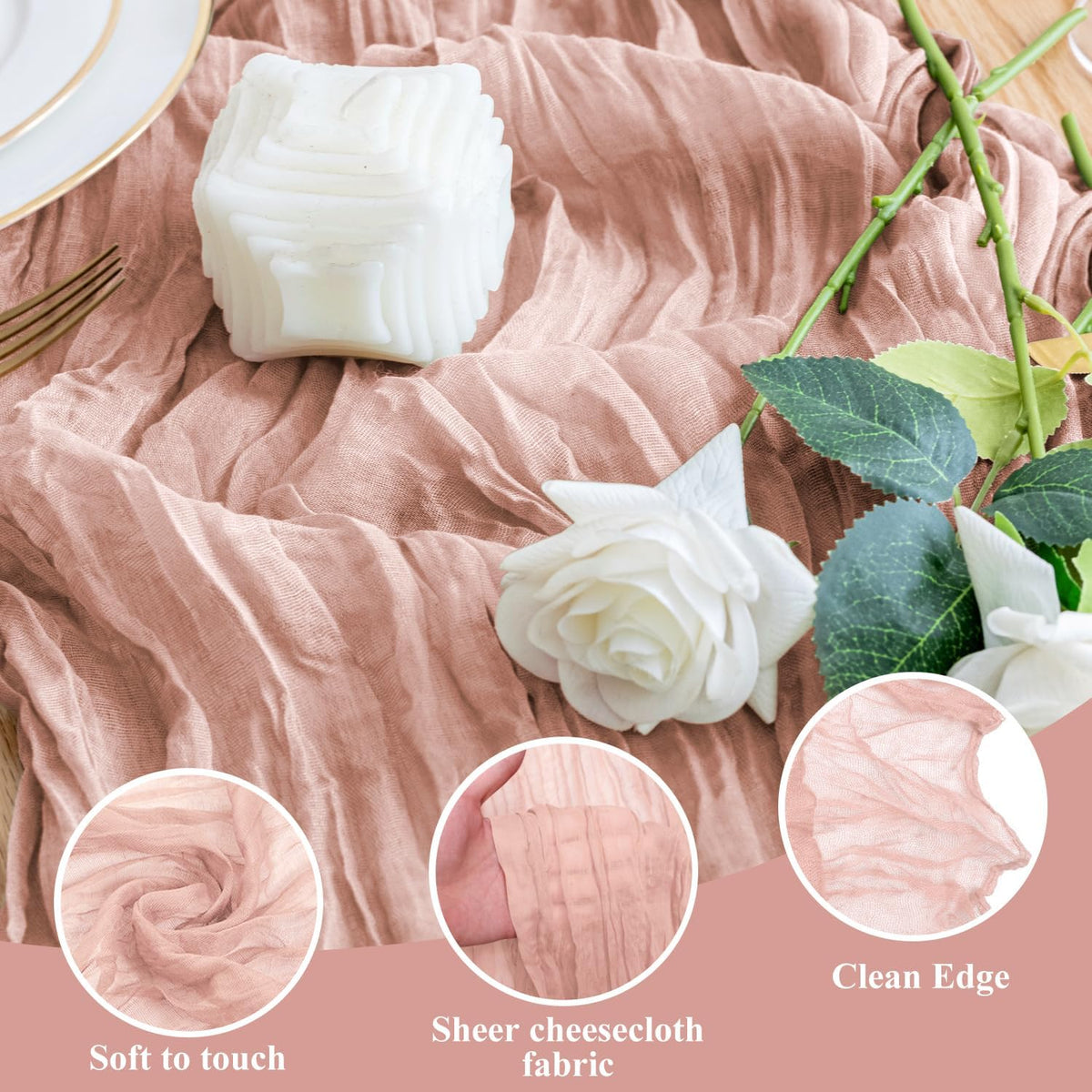 Wokceer Dusty Pink Cheesecloth Table Runner - 10FT Boho Style for Easter & Bridal Showers | Rustic 120-Inch Decor