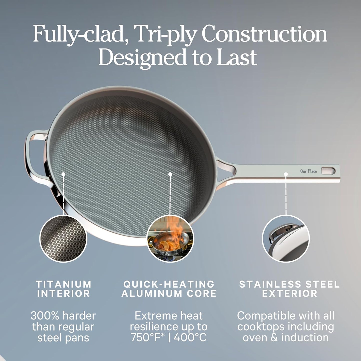 Our Place Mini Titanium Always Pan Pro - 8.5" PFAS-Free Nonstick Frying Pan with Spatula | Chef-Grade Tri-Ply Stainless Steel & Aluminum | Induction & Oven-Safe up to 750°F | Gold