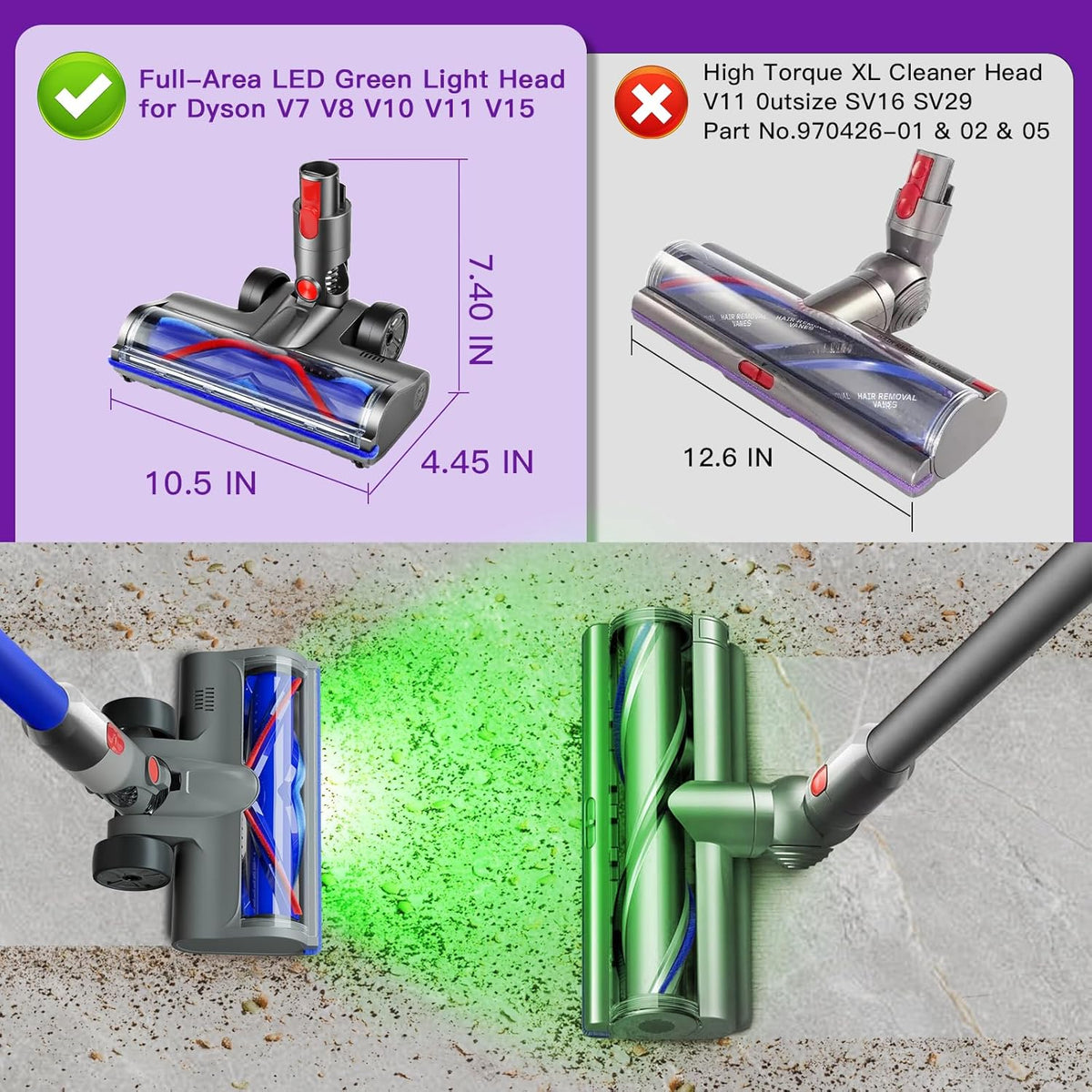 Lemige Vacuum Head Replacement - Upgraded Brushes for Dyson V7 V8 V10 V11 V15 | Quick-Release Anti-Tangle Design with LED Light