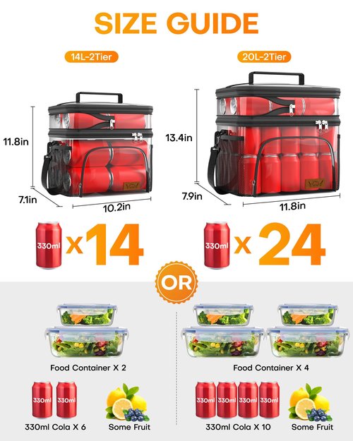 HOTOR Insulated Lunch Box for Men & Women - Leak-Proof Cooler Lunch Bag with 4 Pockets, Adjustable Strap, Ideal for Work, Picnic, Travel - Black, 2 Layers, Medium, 10.24"×7.09"×11.81"