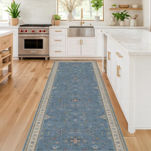 Blue Boho Runner Rug - Washable Non-Slip 2'6''x8' Floral Hallway Rug for Modern Home Décor