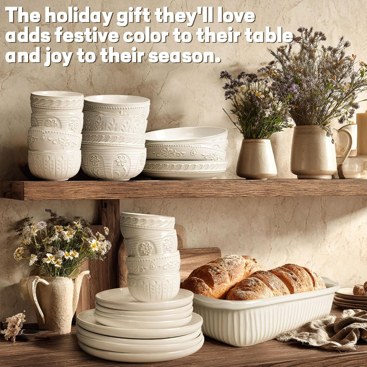 Artena Ceramic Dessert Bowls Set of 4 - 12 oz Embossed White Bowls for Ice Cream, Cereal & More | Microwave & Dishwasher Safe