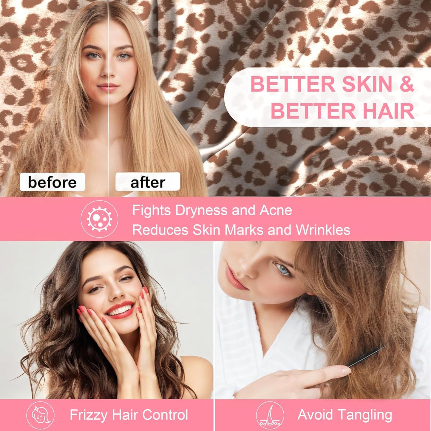 Skiennix Mulberry Silk Pillowcases - King Size 2-Pack for Hair & Skin | Soft, Breathable, Cooling, Leopard Beige