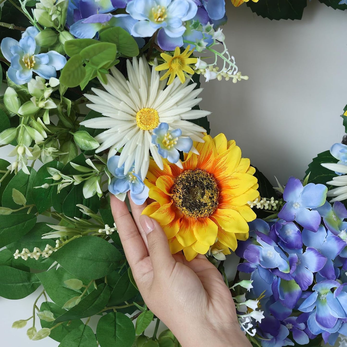 Large 26" Artificial Flower Wreath by [Brand Name] - Lifelike Sunflowers & Blue Hydrangeas for Spring/Summer Home Decor
