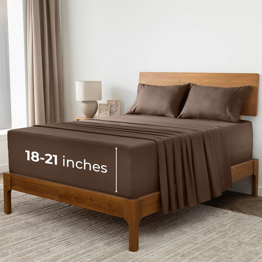 Mellanni Extra Deep Split King Sheets - Hotel Luxury Bedding Set | Ultra Soft, Cooling, Stain Resistant (Brown)