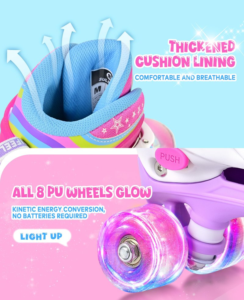 SULIFEEL Rainbow Tie-Dye Adjustable Roller Skates for Girls Kids Ages 3-5 5-8 6-12 Pink Purple Light Up Skate with Fluffy Pom Poms Triple Protection for Indoor Outdoor Skating