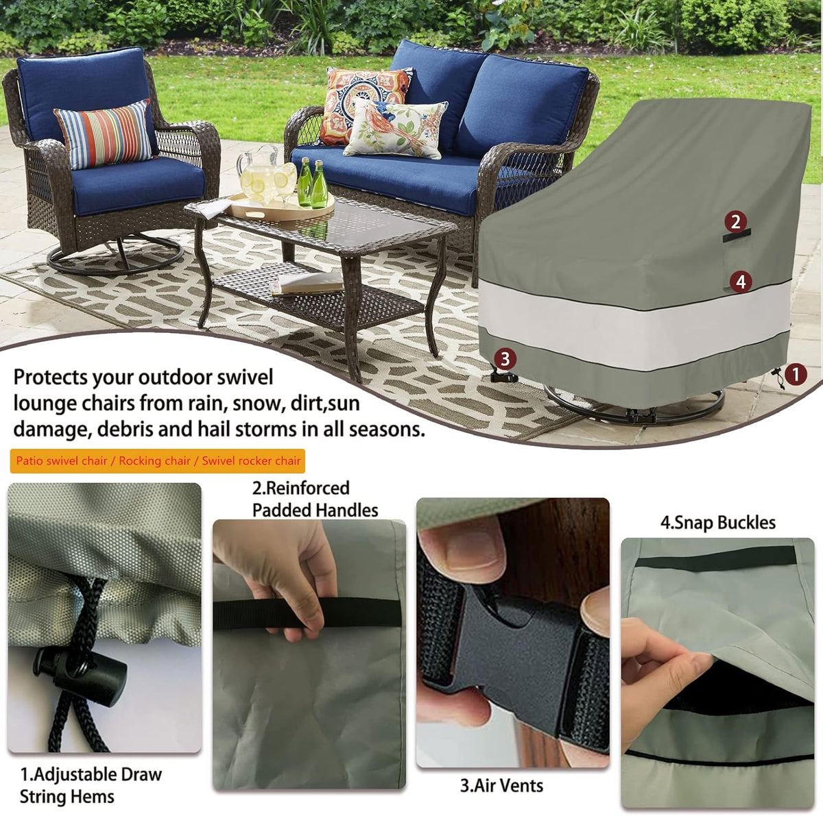 Patio Chair Covers - Waterproof Outdoor Furniture Protection | 33W x 37D x 38H Inches - Grayish Green (2 Pack)