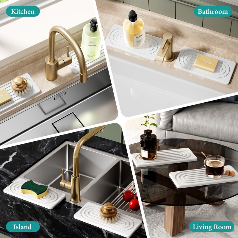 MAGKOTA Water Absorbing Stone Tray, Quick Drying Diatomite Bathroom Tray Countertop, Stone Drying Mat for Kitchen Counter, Soap Dish Dispenser Vanity Organizer, White-A-8.3" x 4"