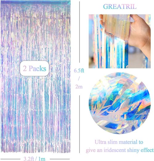 GREATRIL Iridescent Party Streamers Backdrop - Purple & Pink Banner for Stunning Party Decorations