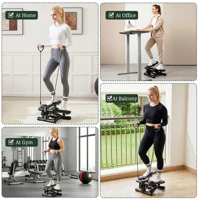 Mini Stair Steppers with Resistance Bands for Exercise at Home, Portable Exercise Twist Stepper Machine for Full Body Workout, Hydraulic Fitness Stepper with LCD Monitor, Black