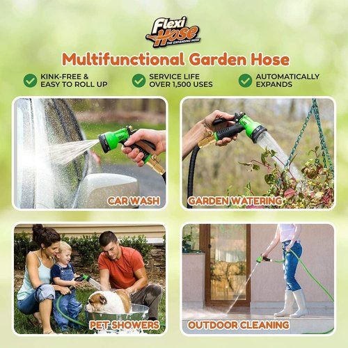 Flexi Hose Expandable Garden Hose - 50FT Lightweight & No-Kink with 8 Function Nozzle | Solid Brass Fittings
