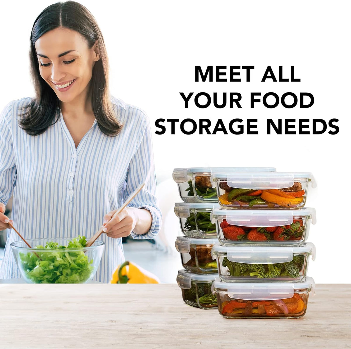 Razab 30 Oz Glass Meal Prep Containers - 16 Pc Set | Airtight, Leak-Proof, BPA-Free, Oven & Dishwasher Safe