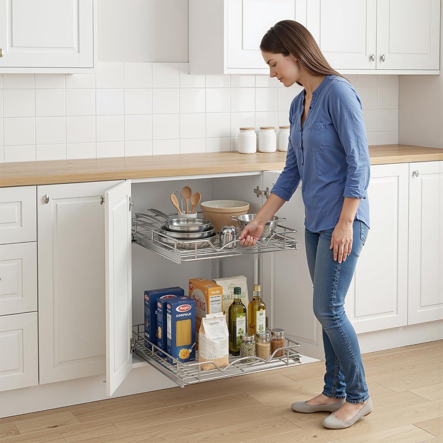 2-Tier Cabinet Organizer by [Brand Name] - Heavy-Duty Steel Frame with Full-Extension Shelves | Easy Install for Kitchen & Pantry, 14" W x 21" D x 16.5" H